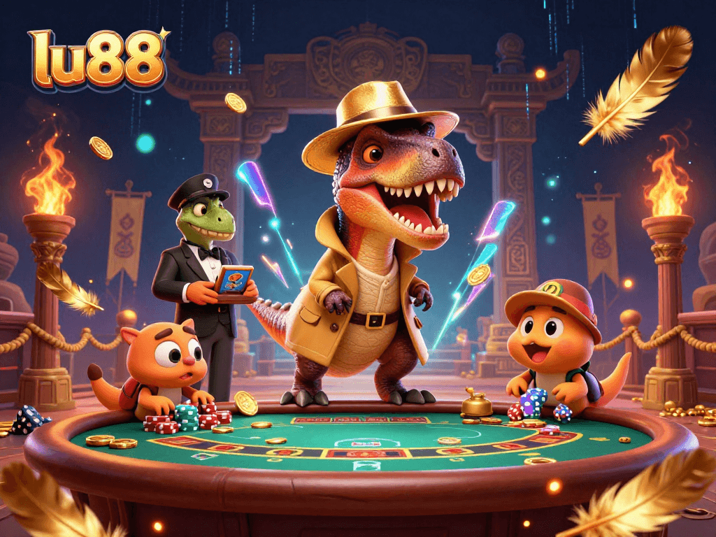 Experience thrilling action at lu88 as a velociraptor attempts to win big at blackjack with a stegosaurus pit boss on the lookout.