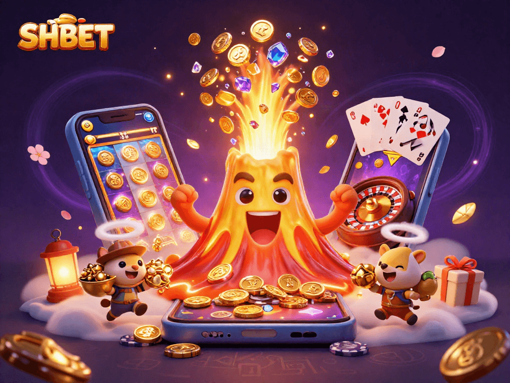 SHBET ignites excitement with golden treasures and gaming elements in vibrant 3D illustration.