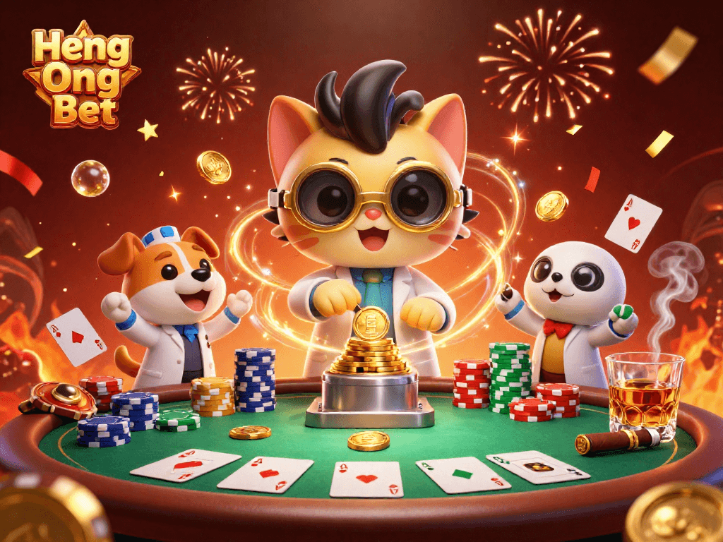 Join the excitement at Heng Ong Bet with a thrilling poker scene featuring a mad scientist cat and assistant dog.