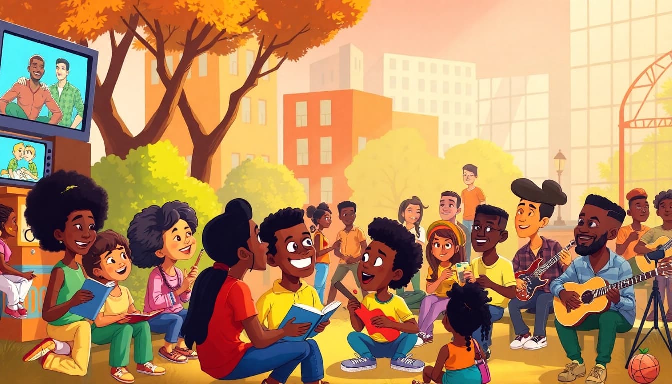 A lively urban scene featuring diverse animated characters celebrating African American Cartoons with joy and creativity.