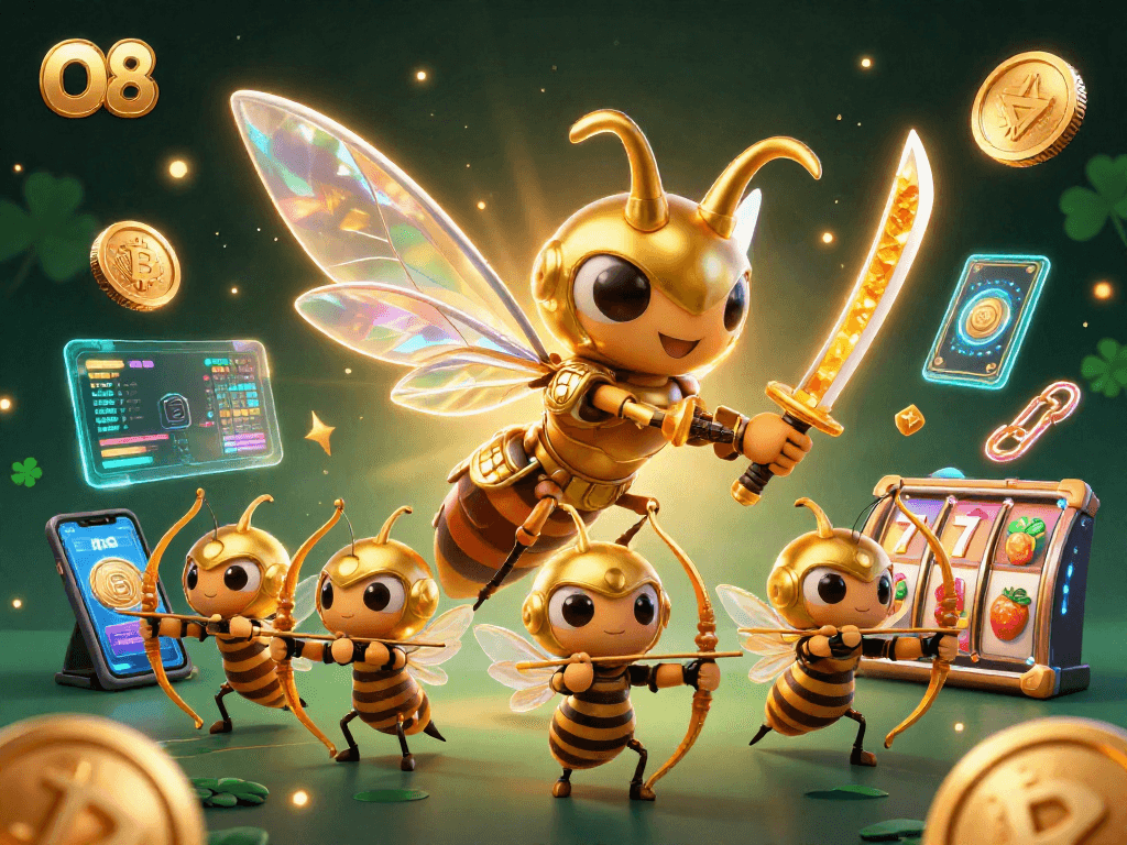 Engage with O8's dynamic casino adventure featuring a golden hornet samurai amidst glowing crypto coins and slot symbols.
