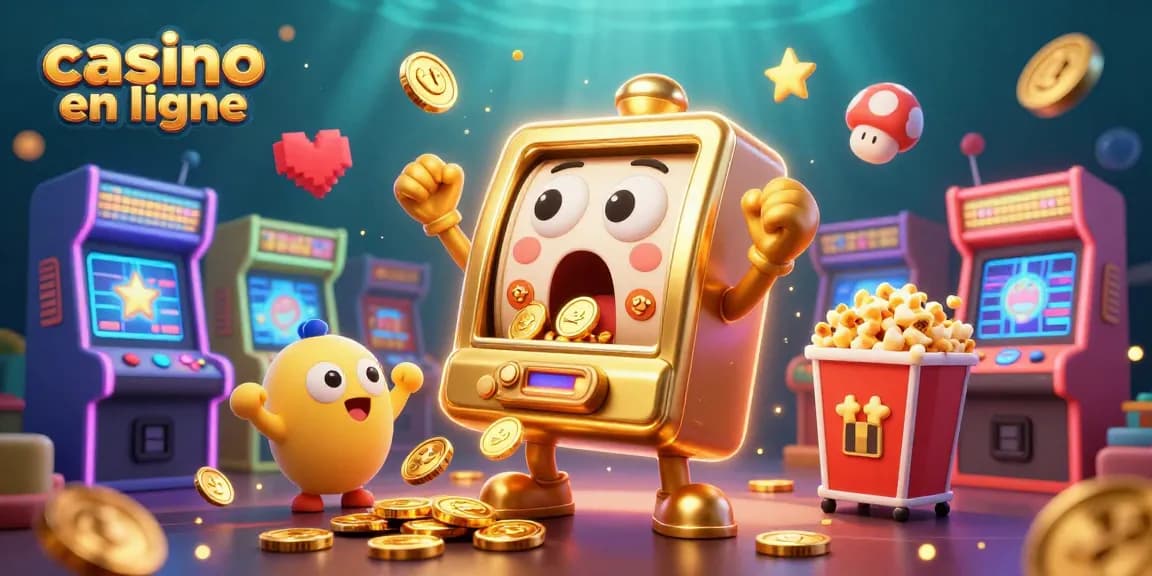 Le casino en ligne avec une machine à sous joyeuse remportant un jackpot de pièces dorées.