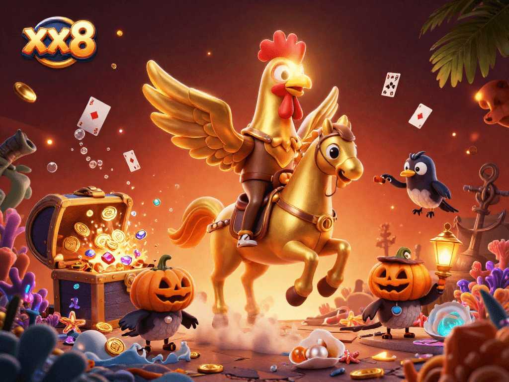 Engage with the vibrant casino adventure featuring xx8, a golden rooster under the moonlight.