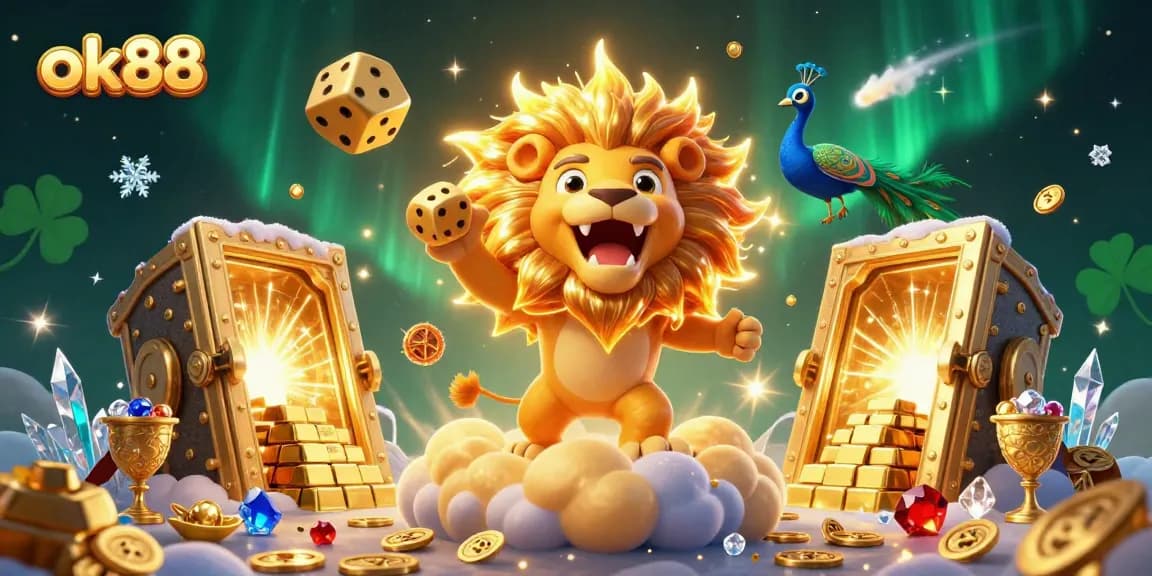 Capture excitement with ok88 and the vibrant 3D casino-themed sun lion, golden dice, and treasure.