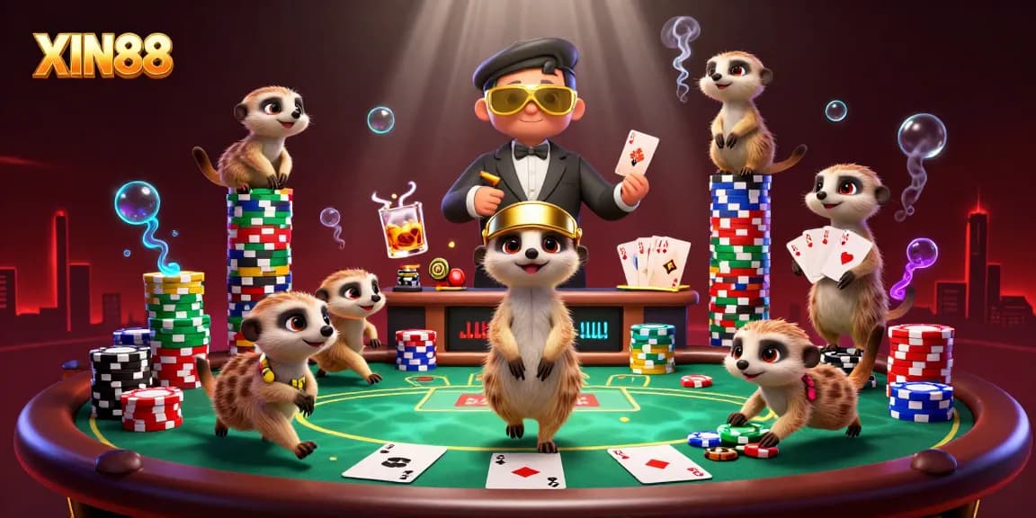 XIN88 theme with meerkats operating a lively casino scene filled with vibrant poker elements.