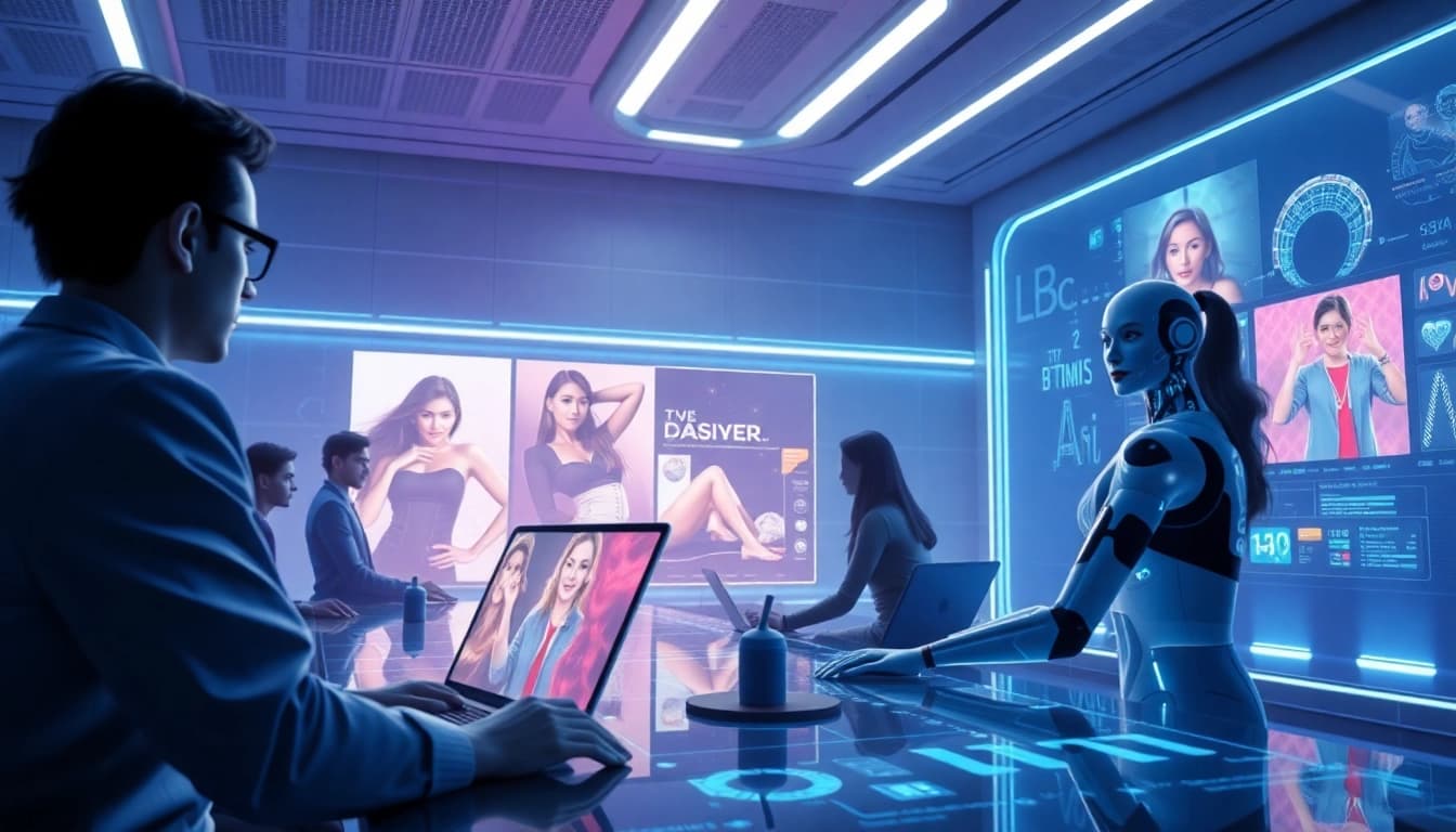 AI nsfw image generator showcasing dynamic interactions in a futuristic workspace.