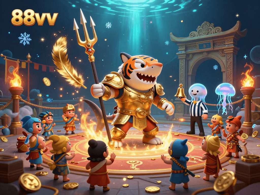Experience the thrill of betting with 88vv in a vibrant 3D underwater casino scene featuring a gladiator shark.