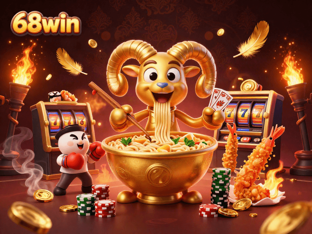 Experience the thrill of 68win with vibrant characters and golden casino elements in a dynamic 3D illustration.