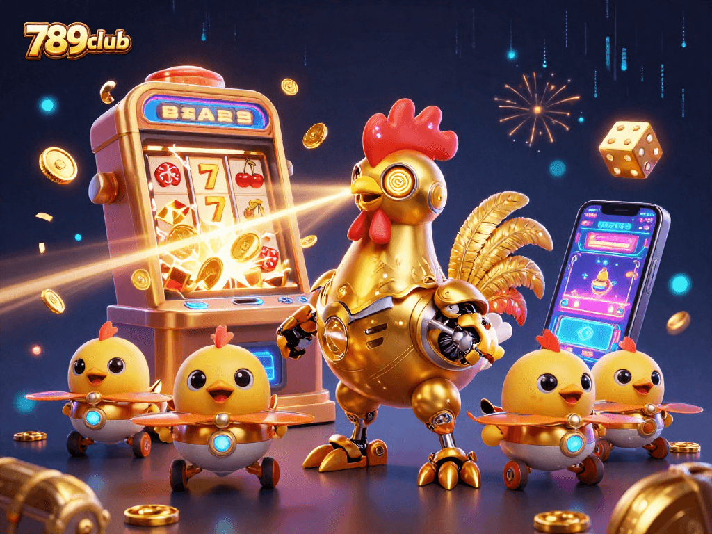 Playing thrilling casino games at 789club with a vibrant slot machine and exciting game elements.