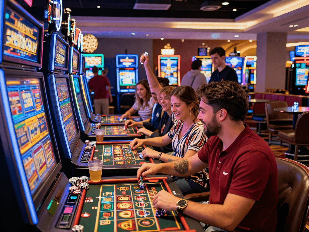 Slot88 permainan di kasino modern, pemain merayakan kemenangan dan suasana penuh warna.