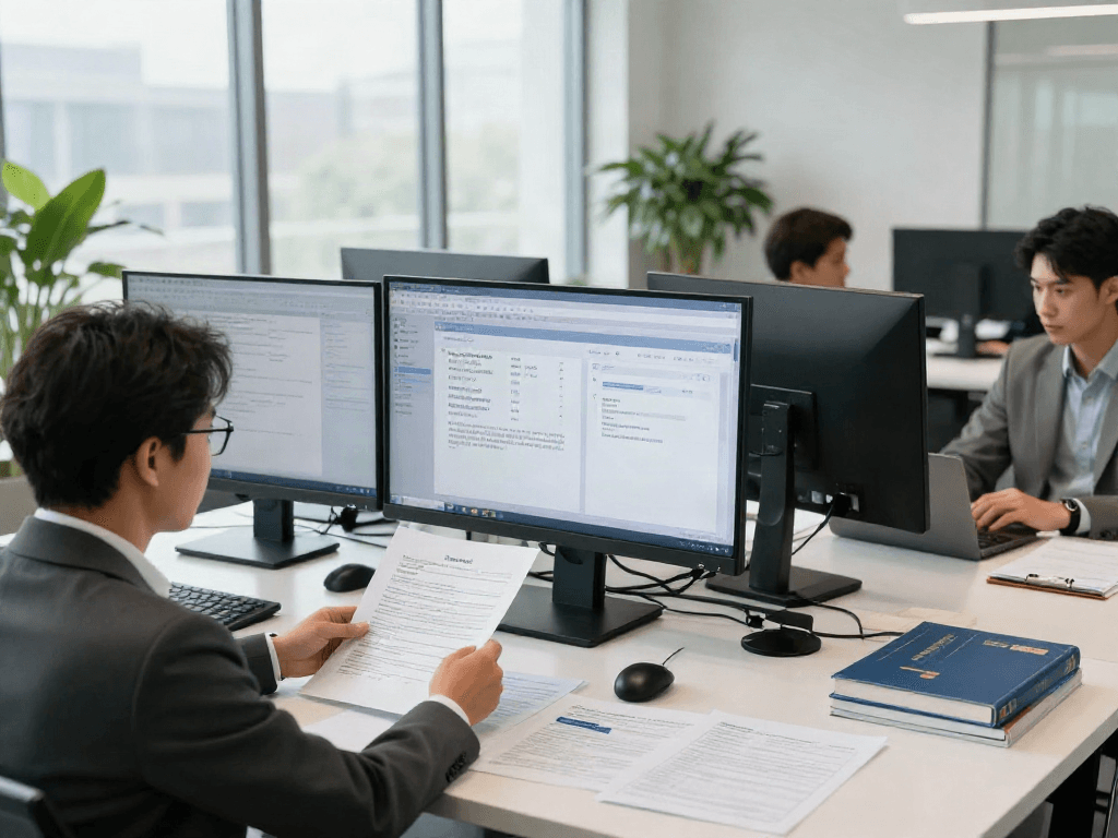 Business professional analyzing document fraud detection solutions in a modern office setting.