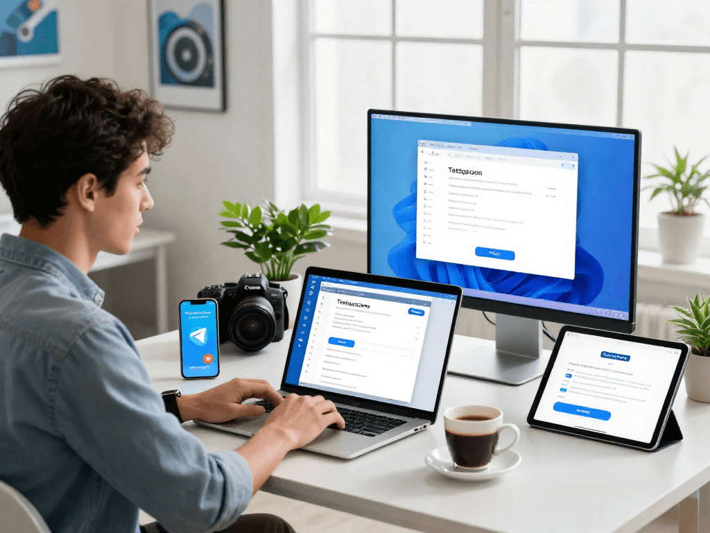 在这张图片中，用户正在电脑上进行telegram 下载，周围是多种现代科技设备，呈现出专业而充满活力的工作环境。