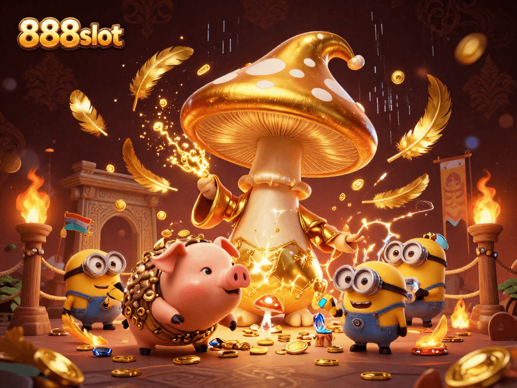 Experience the magic of 888slot with a vibrant scene of a golden mushroom wizard and treasure hunting characters.