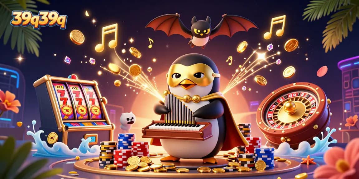 O jogo de slots 39q39q com moedas douradas e símbolos em destaque, em um ambiente vibrante.