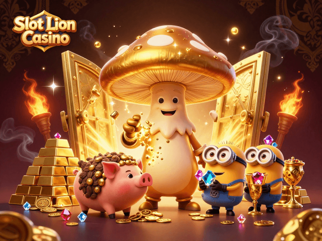Experience the magic at Slot Lion Casino with golden characters and treasures in this illustration.