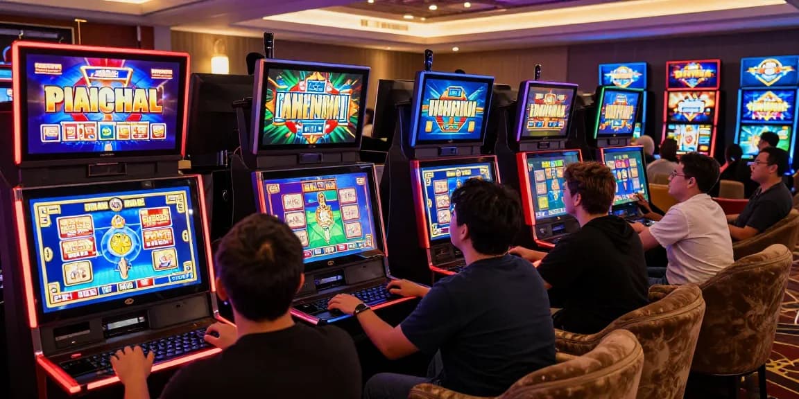 Players engaging with slot77 online games in a lively casino atmosphere.