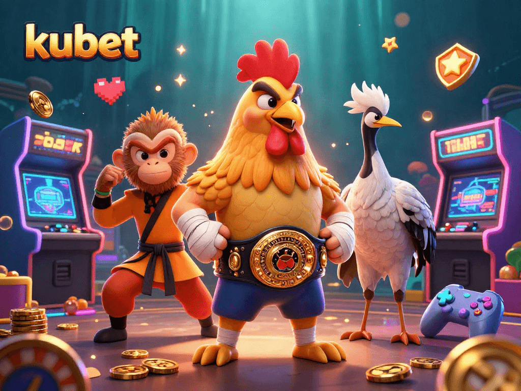 Kubet gaming illustration featuring a Muay Thai rooster, Shaolin monkey, and crane master amidst classic casino elements.