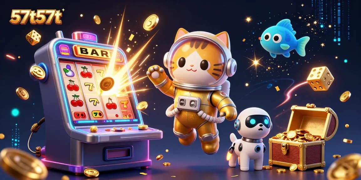 Ganhe no cassino 57t57t com uma ilustração animada de um gato astronauta e um cachorro robô.
