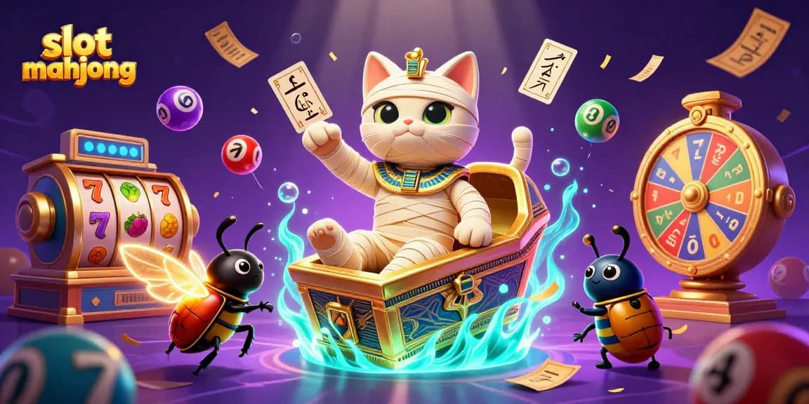 Engage in slot mahjong with an Egyptian mummy cat and lively casino elements in a vibrant 3D scene.
