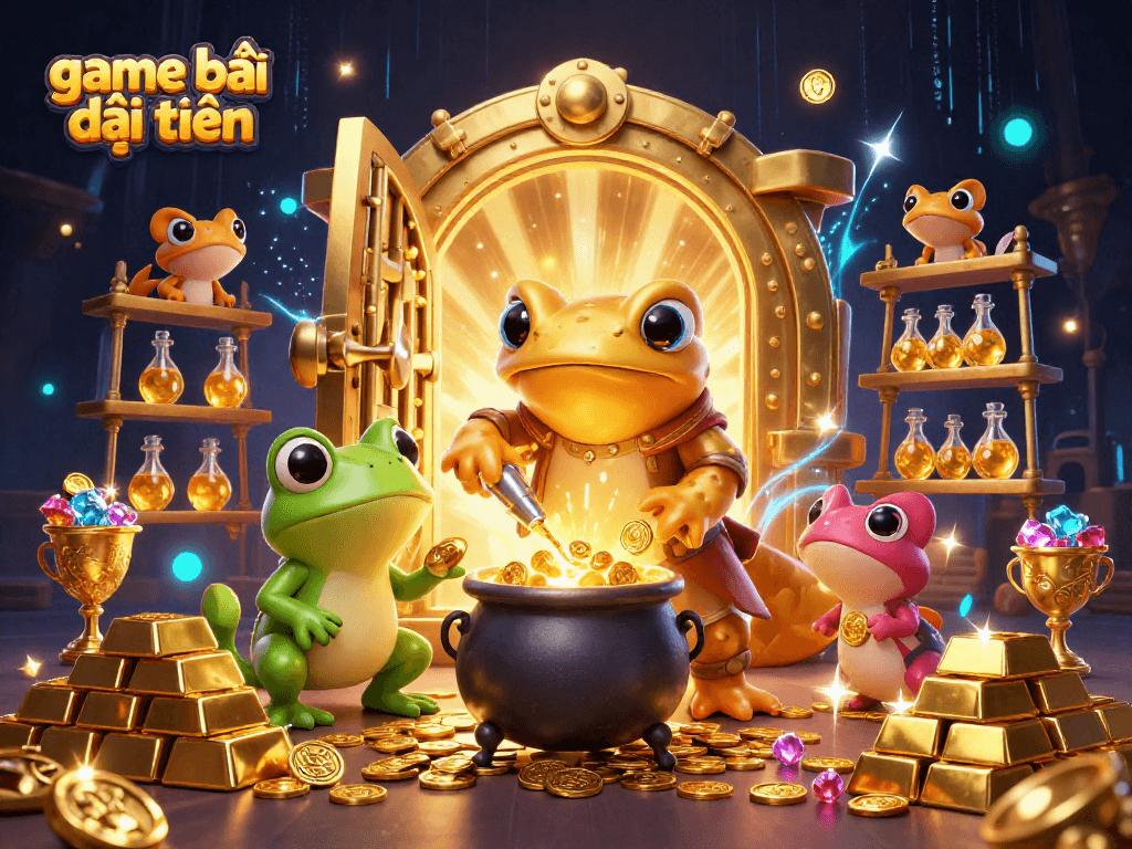 Experience game bài đổi thưởng with magical alchemy and treasure in this vibrant 3D illustration.