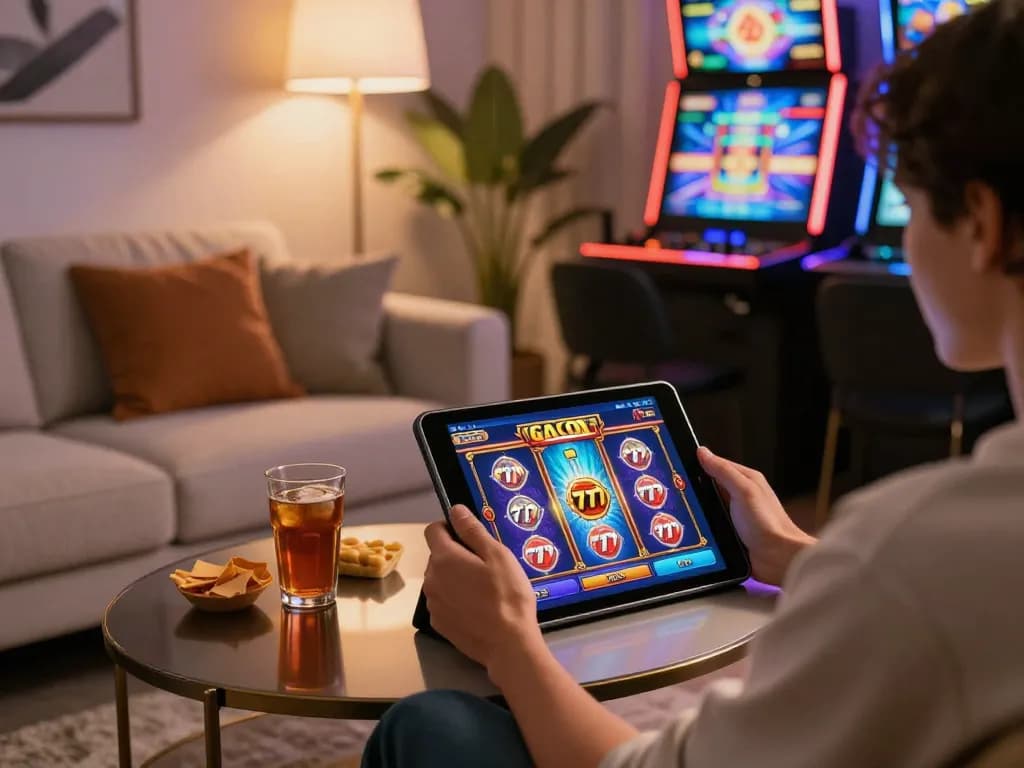 Engaging moment of online casino player enjoying slot gacor 777 gameplay on tablet surrounded by a cozy living room.