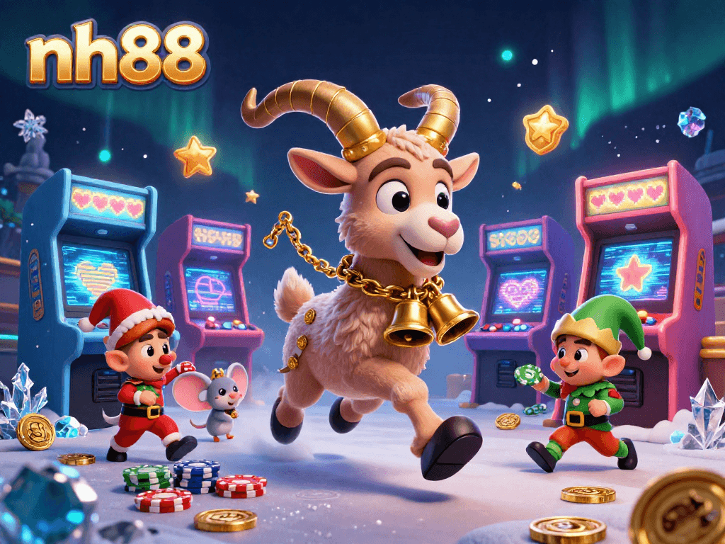 Experience the thrill at nh88 with a festive casino scene featuring exciting characters and playful gaming elements.