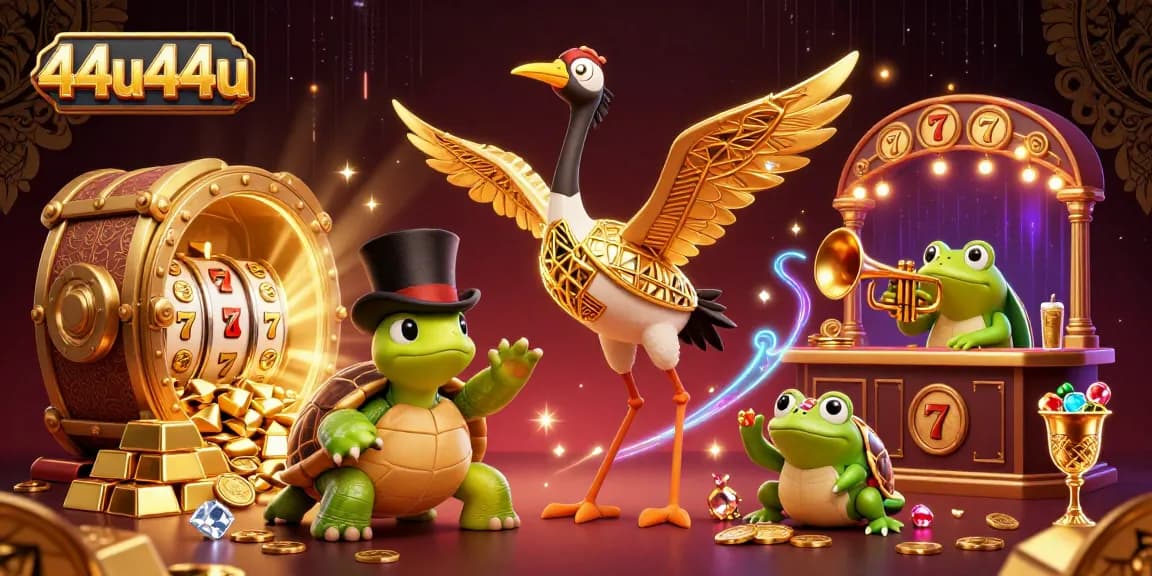 Engage with 44u44u at a vibrant casino scene featuring a cartoon crane, turtle, and trumpet frog.