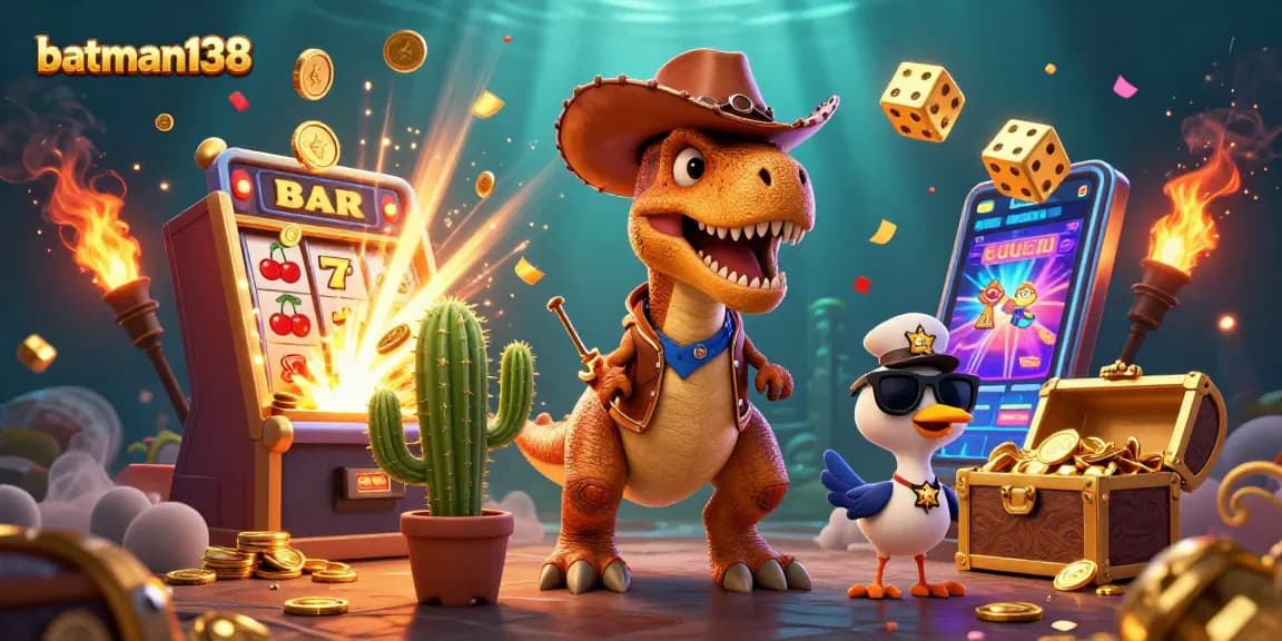 Spin jackpots at batman138 with T-Rex and friends in a vibrant casino adventure scene.