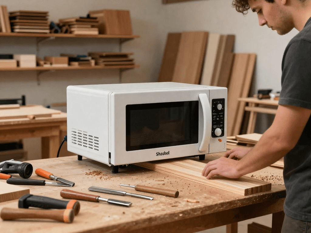 Shashel microwave technology effectively eliminating woodworms in a woodworking workshop.