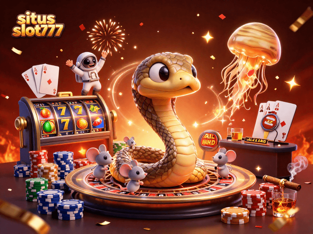 Engage in thrilling gaming with situs slot777, featuring a vibrant cosmic casino scene.