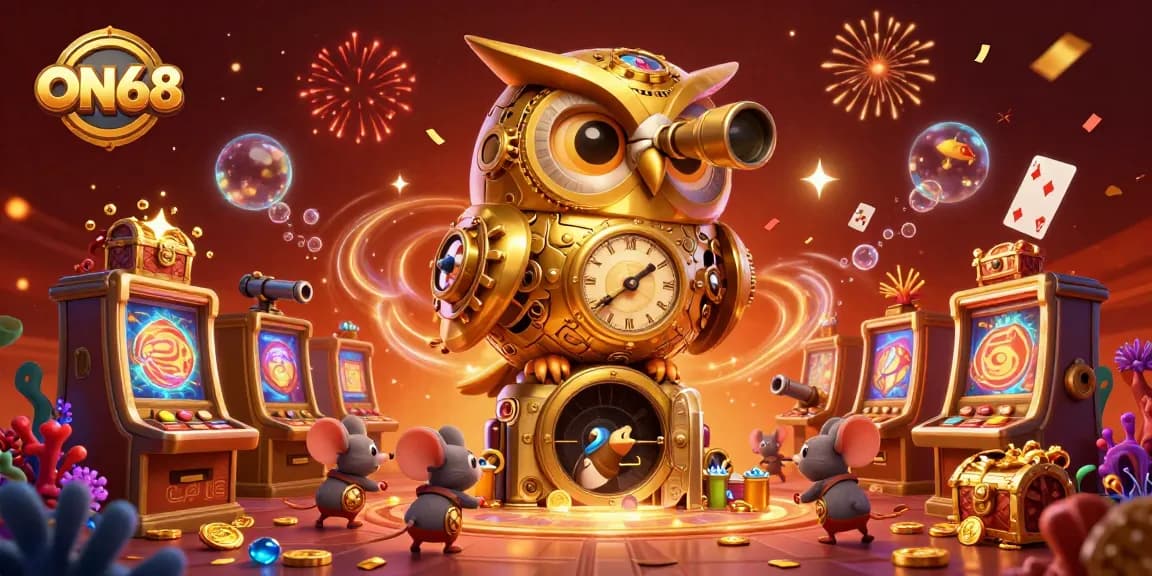 Experience the vibrant casino excitement at ON68 with a detailed scene featuring an owl, slot machines, and celebratory effects.