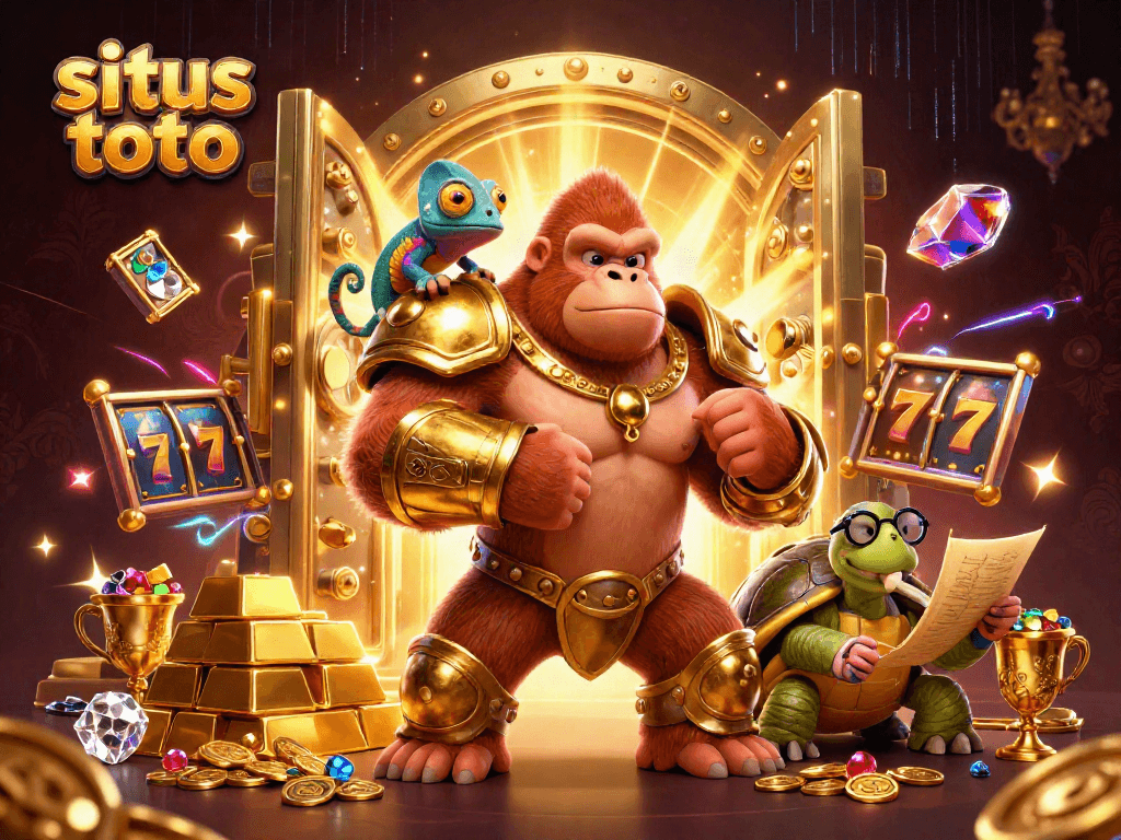 Situs toto showcases a powerful gorilla, chameleon, and tortoise in a vibrant casino scene.