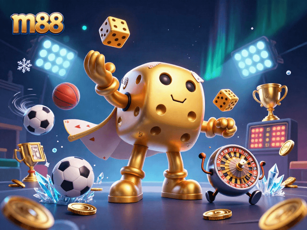 m88 showcases a dynamic casino scene with colorful characters, sports elements, and vibrant lighting.