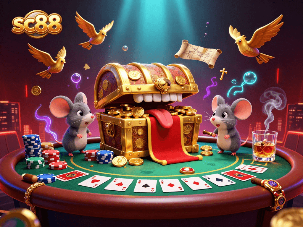 sc88 lures adventurer mice with treasures amidst vibrant poker game elements in a dynamic casino scene.