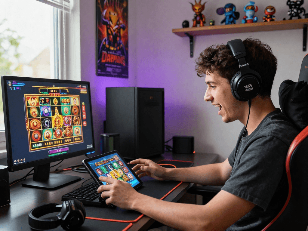 The excitement of playing online slot games on a tablet, with colorful gaming accessories enhancing the experience.