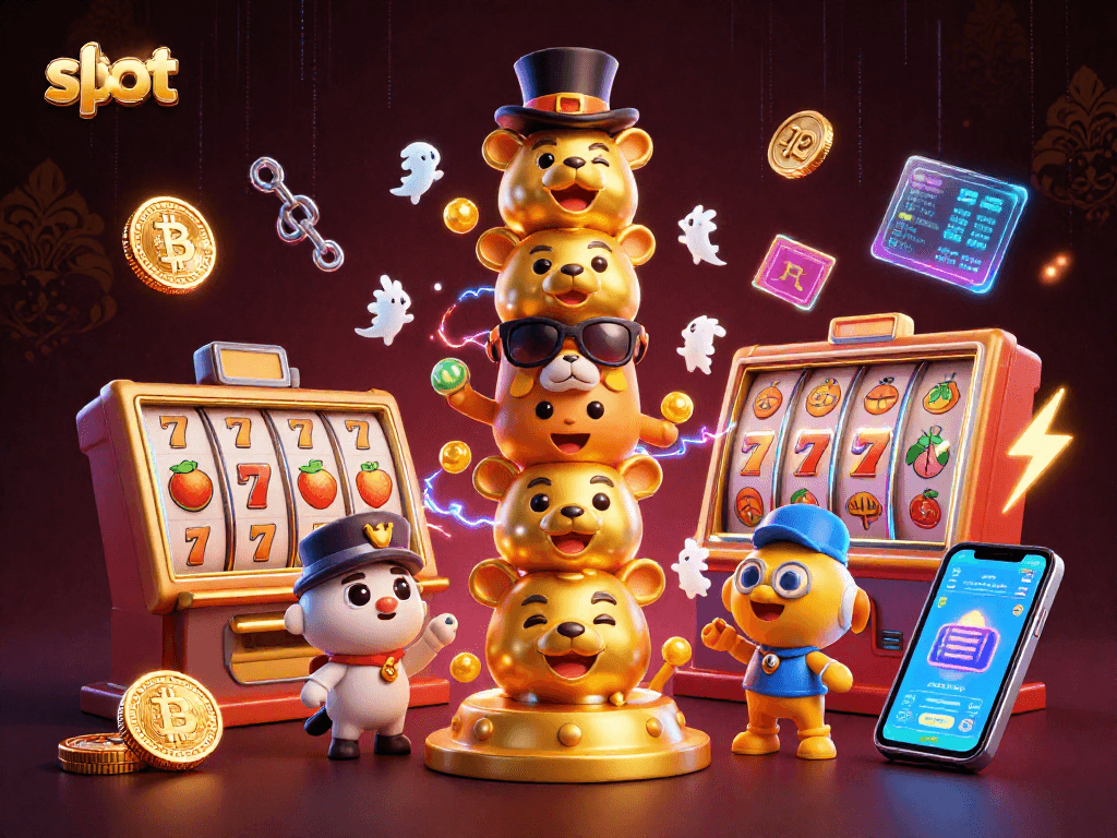 Slot yang menarik dengan totem emas dan elemen mesin slot dalam desain 3D yang menakjubkan.