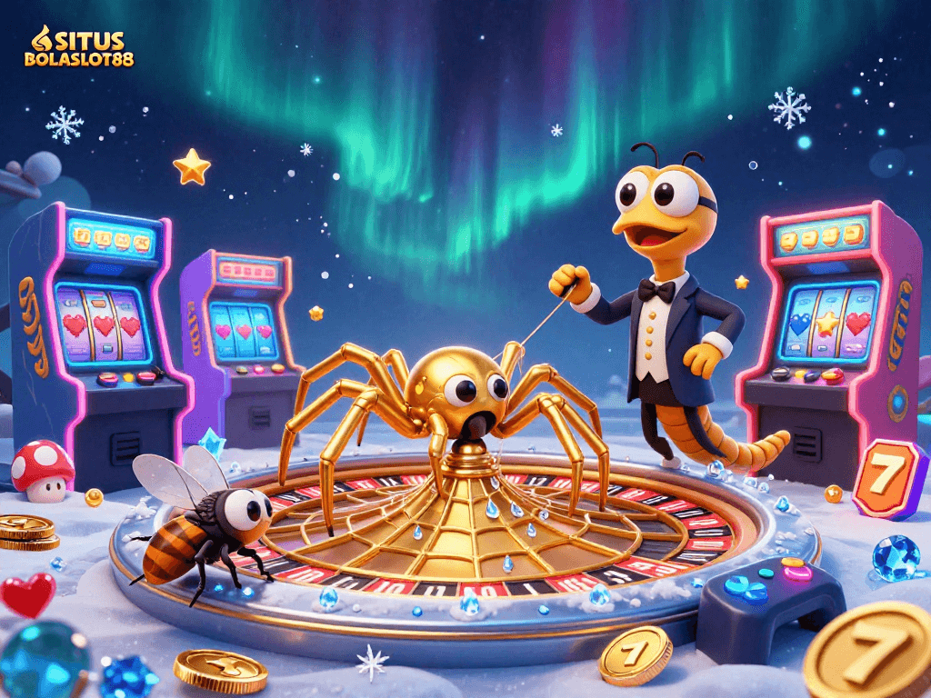 SITUS BOLASLOT88 showcases an engaging 3D scene with a golden spider and a centipede croupier, set in a vibrant gambling environment.