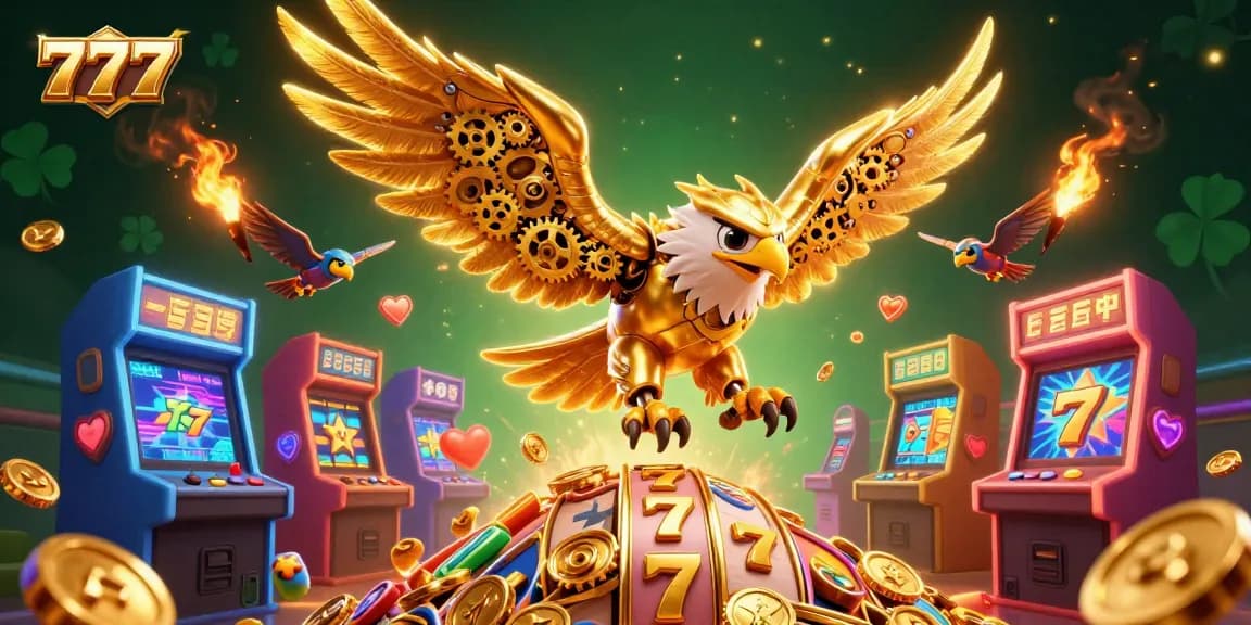 Experience the thrill of 777 slots with dynamic golden eagles and colorful game elements.