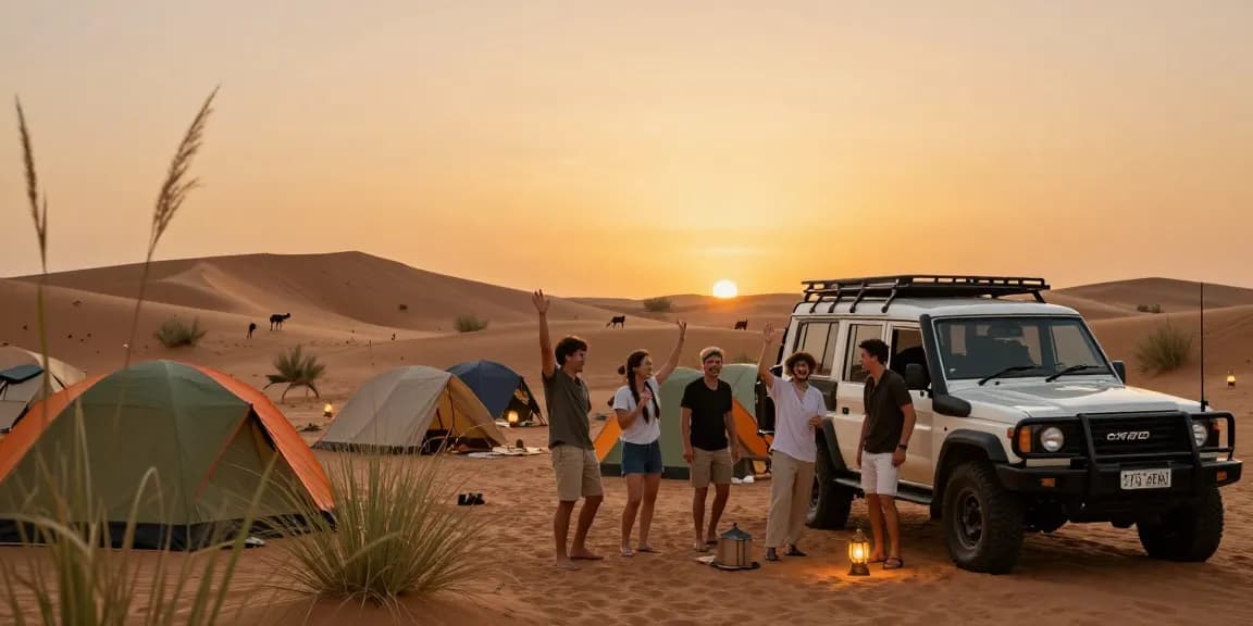Friends setting up camp during a desert safari, showcasing an adventure in the slot.