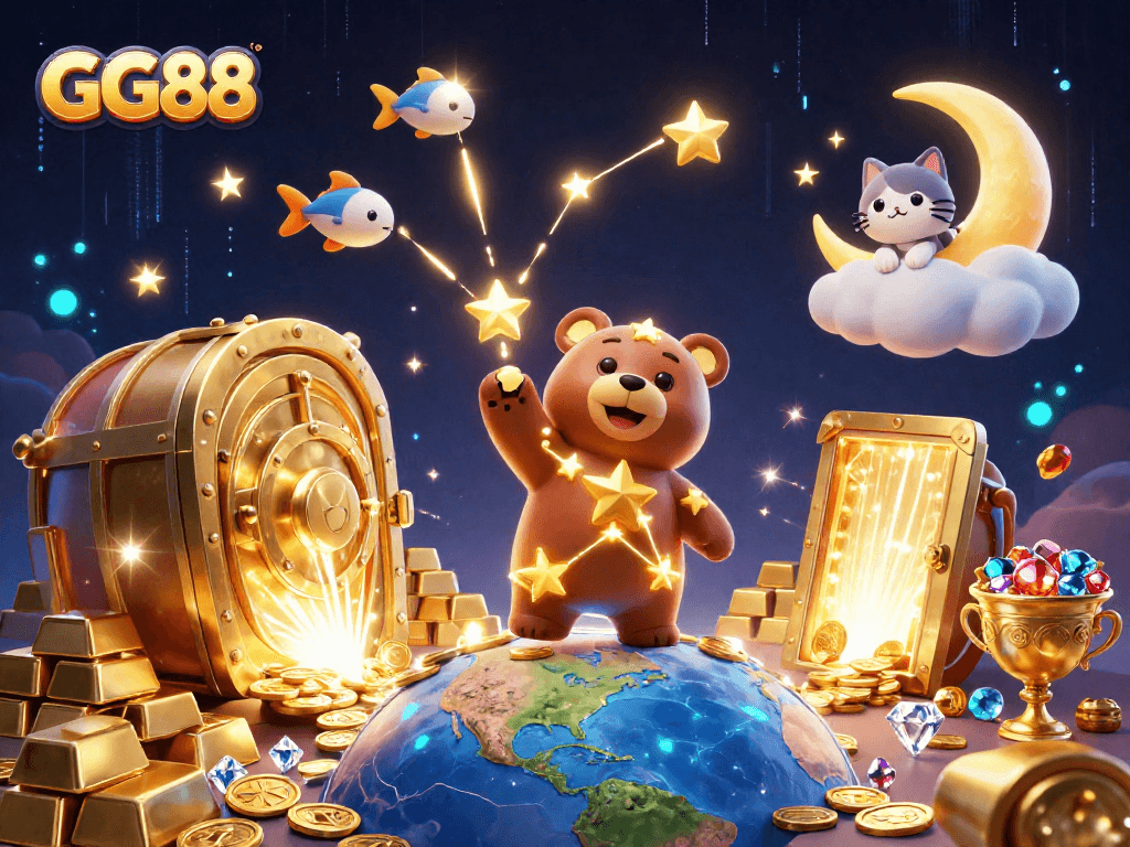 Win big with GG88 as the constellation bear reaches for gold coins in a captivating casino scene.