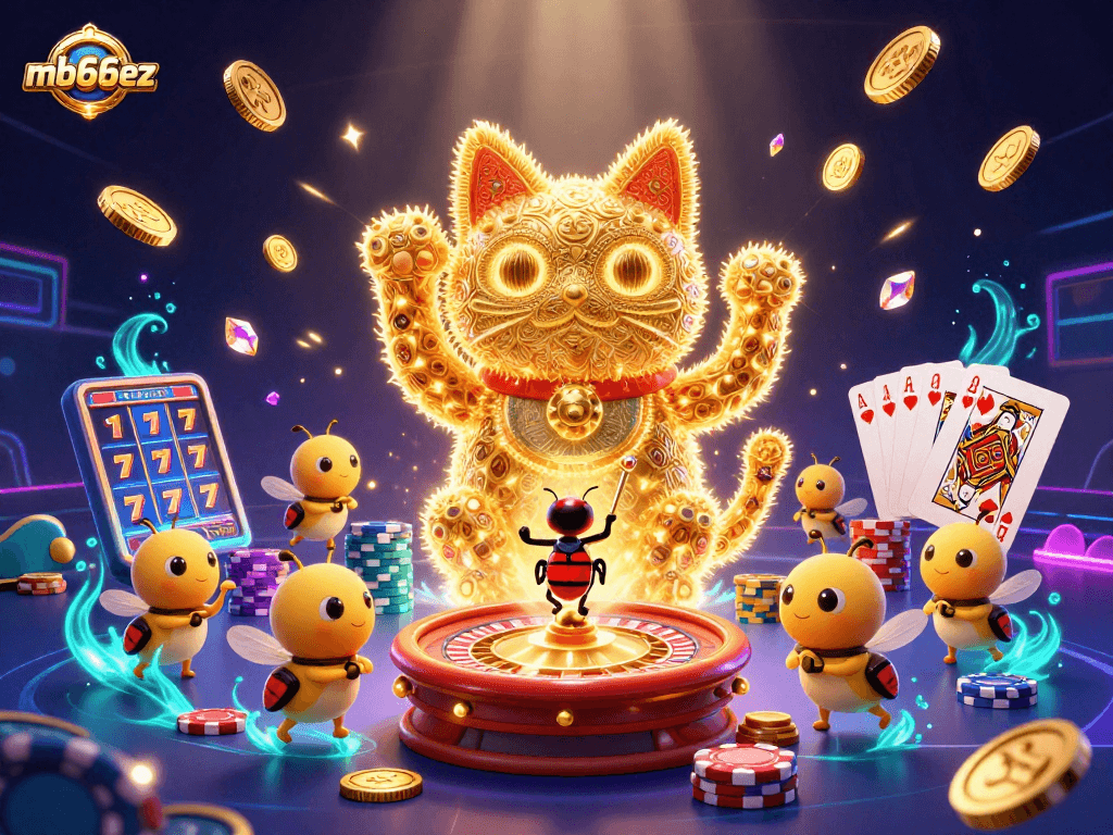Play at mb66ez with a vibrant scene showcasing a lucky cat and casino symbols amidst golden coins.