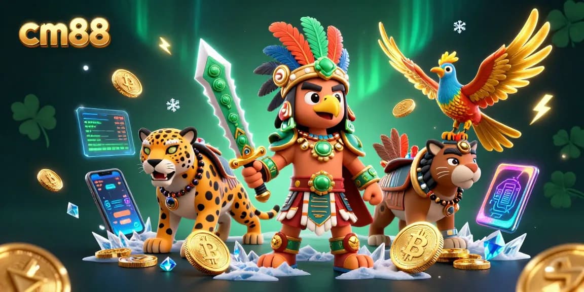 Engage with cm88's winning strategies through an immersive 3D casino illustration featuring crypto elements.