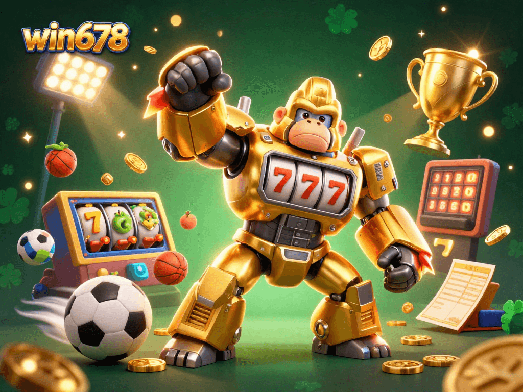 Experience thrilling gaming action at win678 with ultra-detailed 3D visuals featuring a golden gorilla mech.