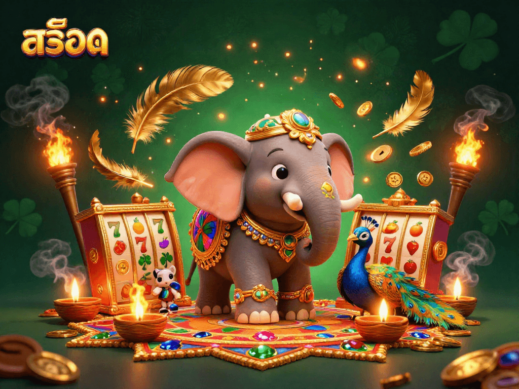 Engage with thrilling สล็อต excitement as the elephant and peacock bring luck in a vibrant casino scene.