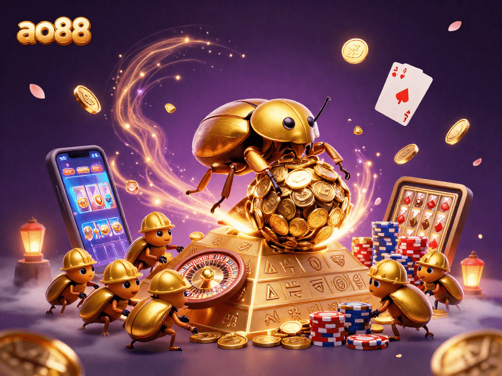 Win big at ao88 with a golden beetle rolling coins towards casino pyramids and jackpot games.