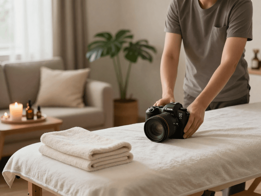 출장마사지 setup with professional, soothing environment and relaxing elements.