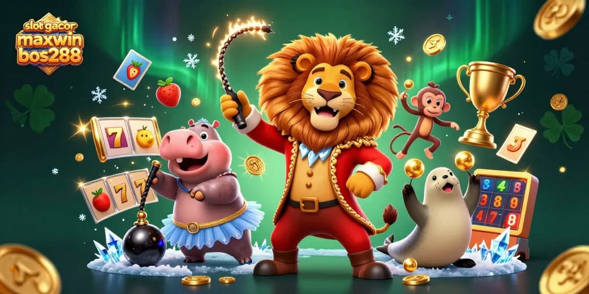 Gambarkan slot gacor maxwin bos288 dengan berbagai elemen slot, karakter lucu, dan efek dinamis.