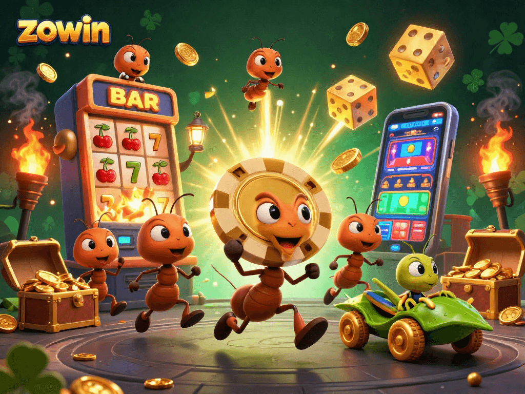Experience lucrative gameplay with zowin's exciting heist-themed casino adventure featuring animated ants.