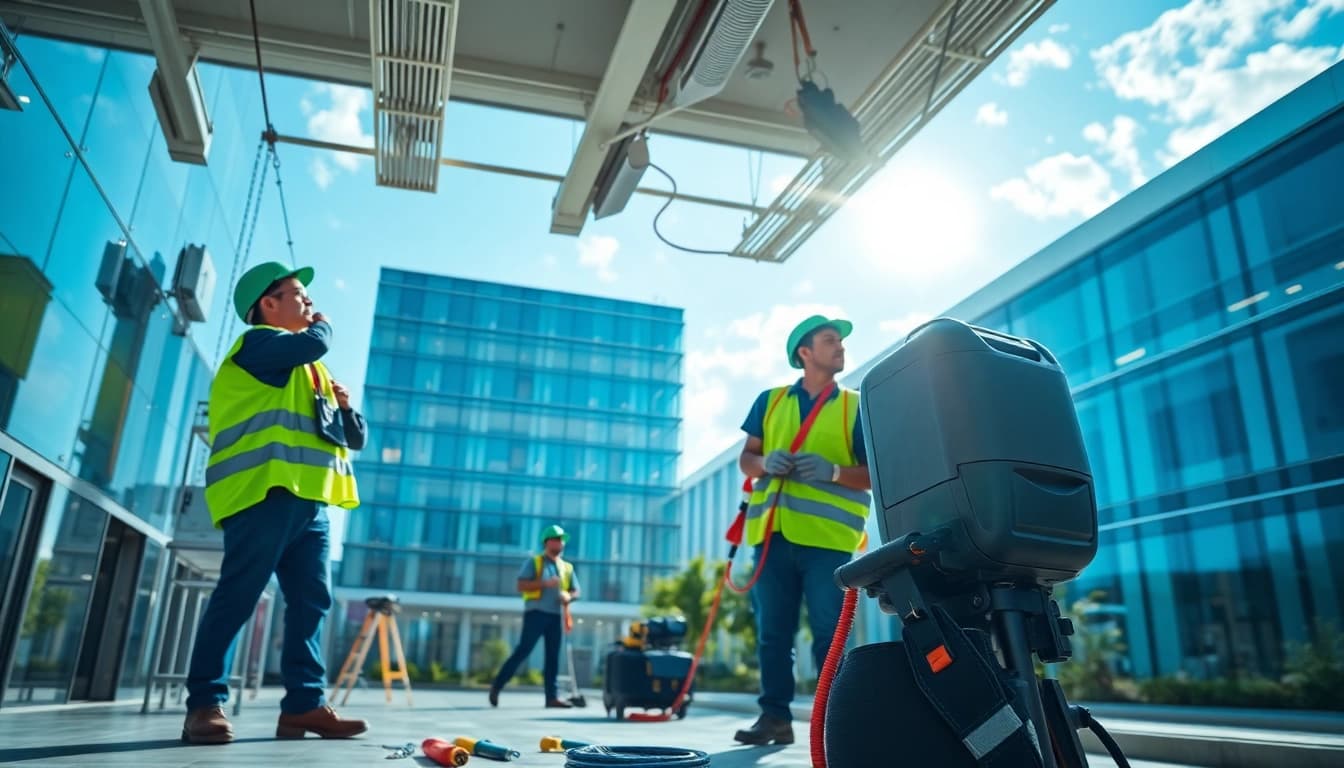 General building maintenance team repairing equipment and enhancing property aesthetics.