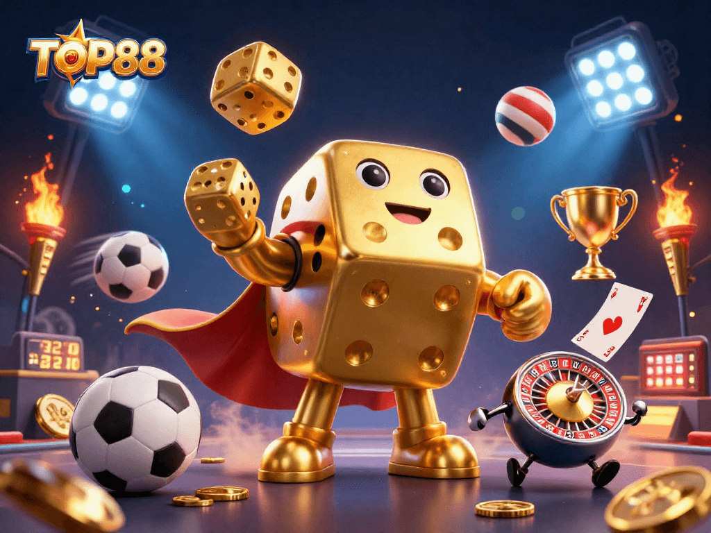 TOP88 showcases a lively 3D dice golem juggling dice within a vibrant sports-themed atmosphere.